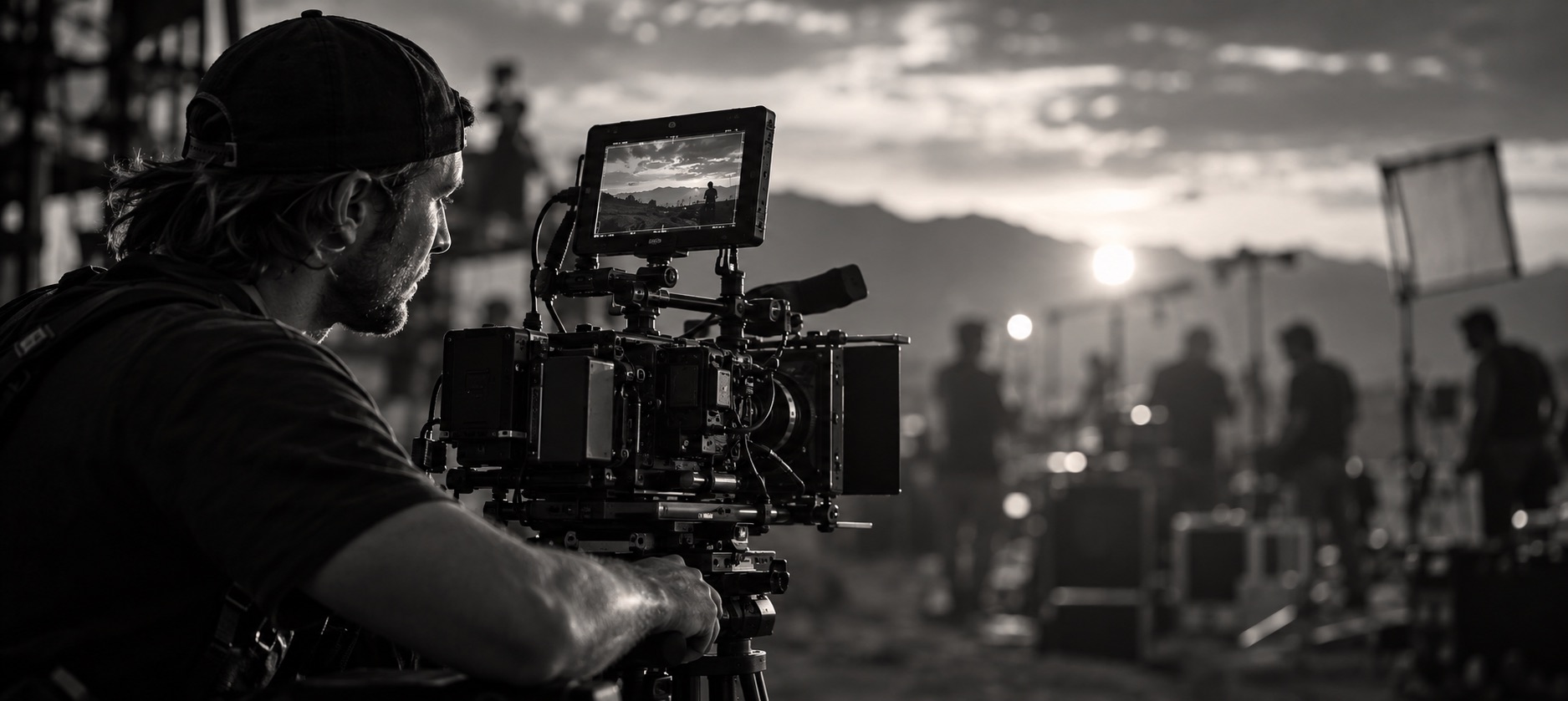 Cinematographer operating a cinema camera on set