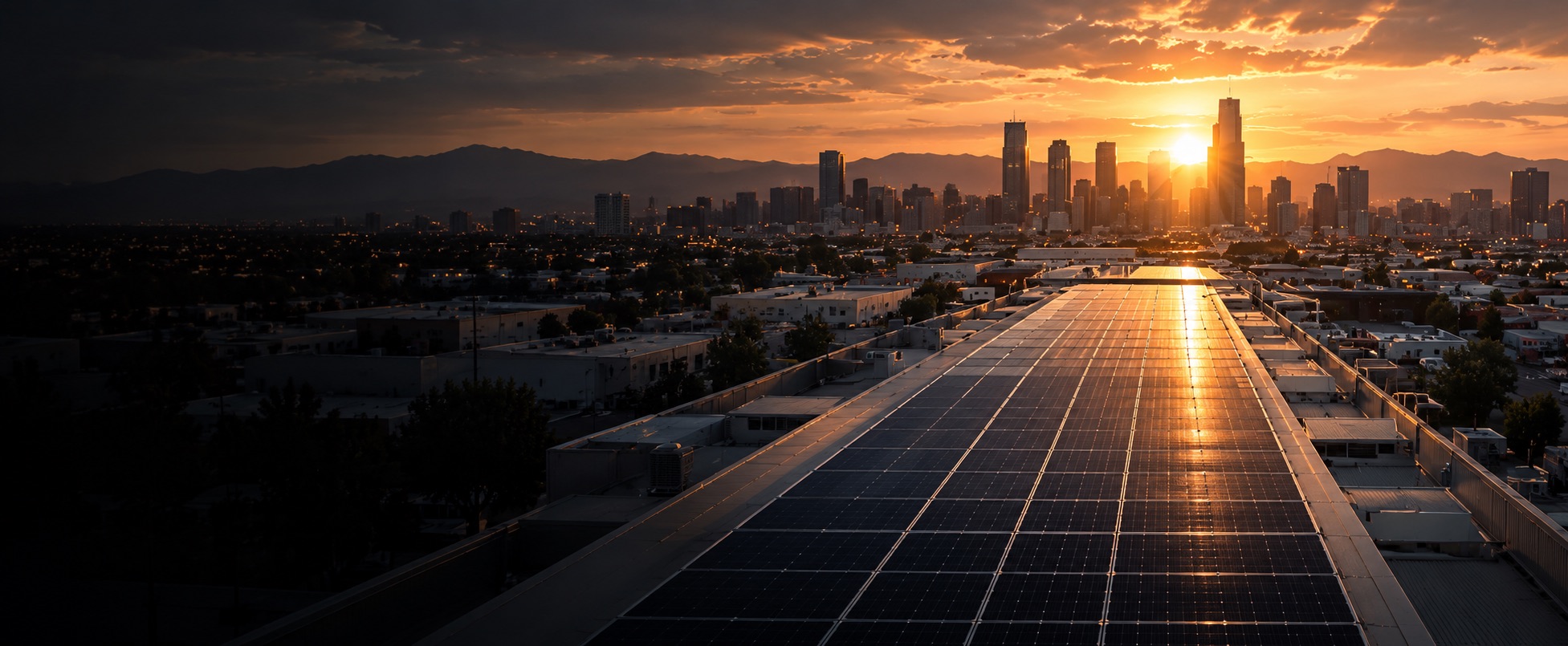 Aerial view of a solar installation and downtown skyline at sunset
